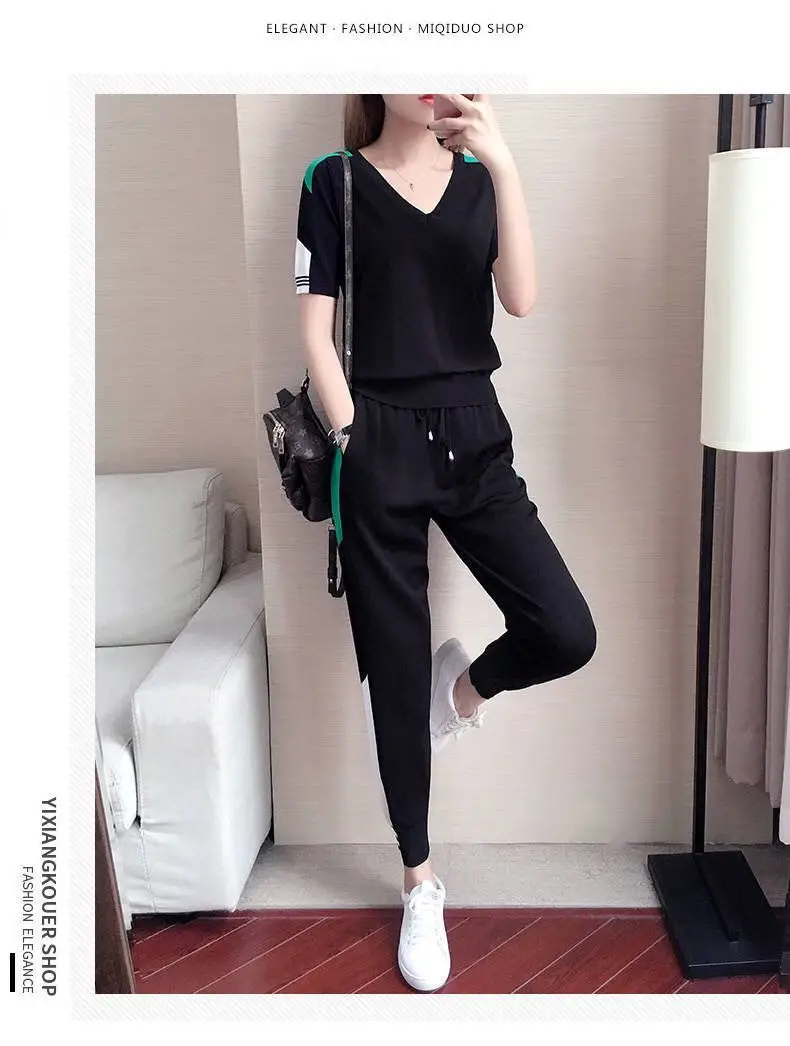 Women's 2-Piece Sports Suit Black Green V-Neck Ankle Pants — feature 11