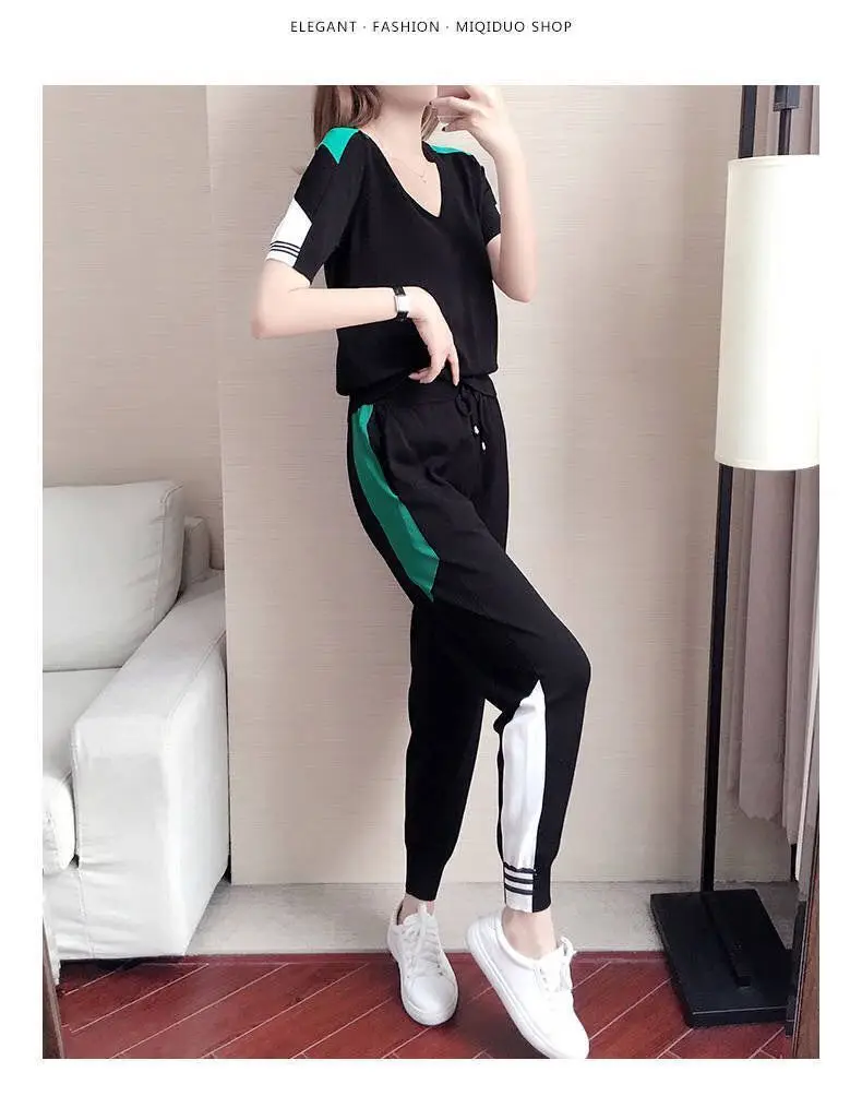 Women's 2-Piece Sports Suit Black Green V-Neck Ankle Pants — feature 12