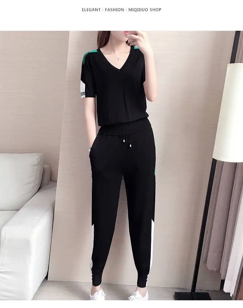 Women's 2-Piece Sports Suit Black Green V-Neck Ankle Pants — feature 13