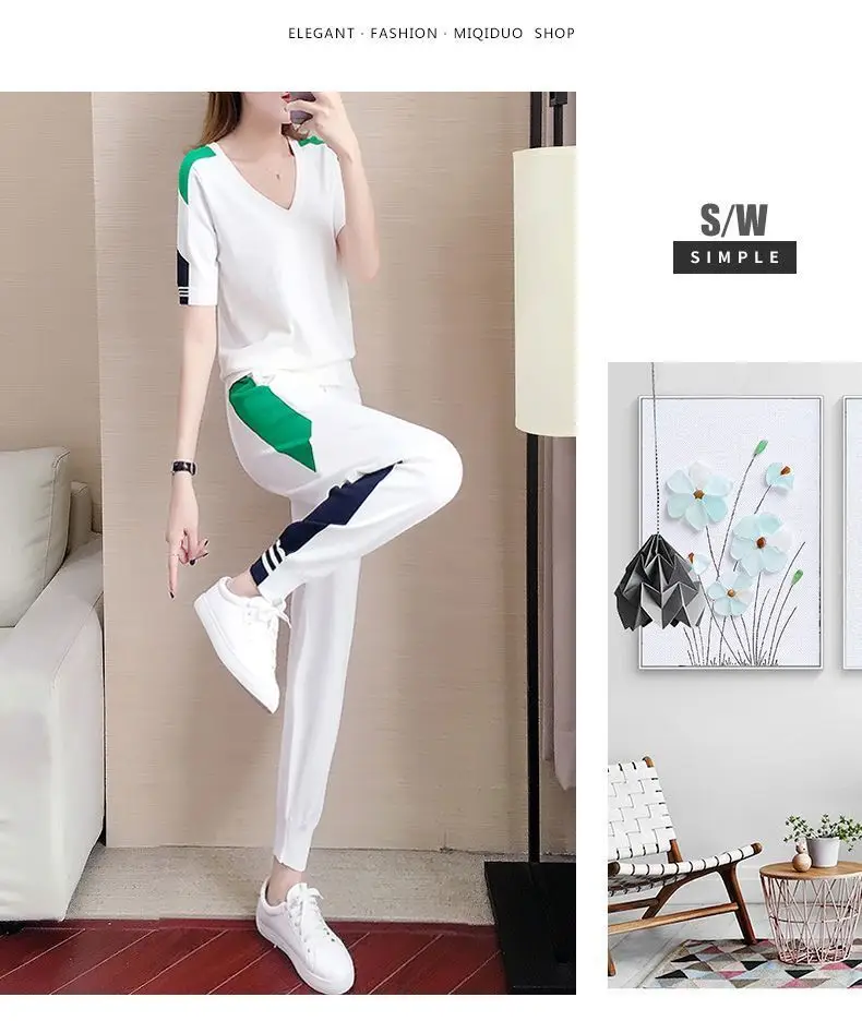 Women's 2-Piece Sports Suit Black Green V-Neck Ankle Pants — feature 15