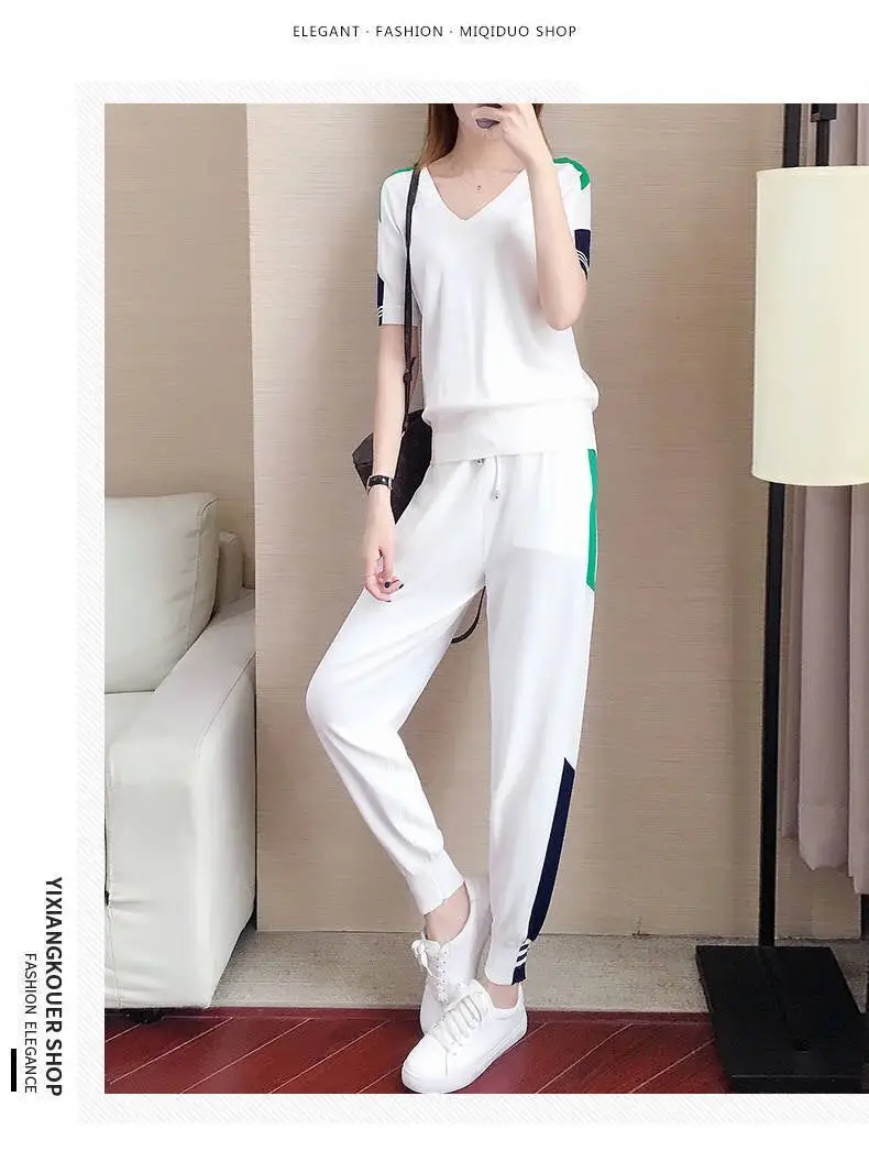 Women's 2-Piece Sports Suit Black Green V-Neck Ankle Pants — feature 16