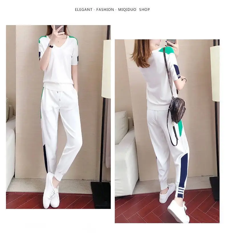Women's 2-Piece Sports Suit Black Green V-Neck Ankle Pants — feature 17