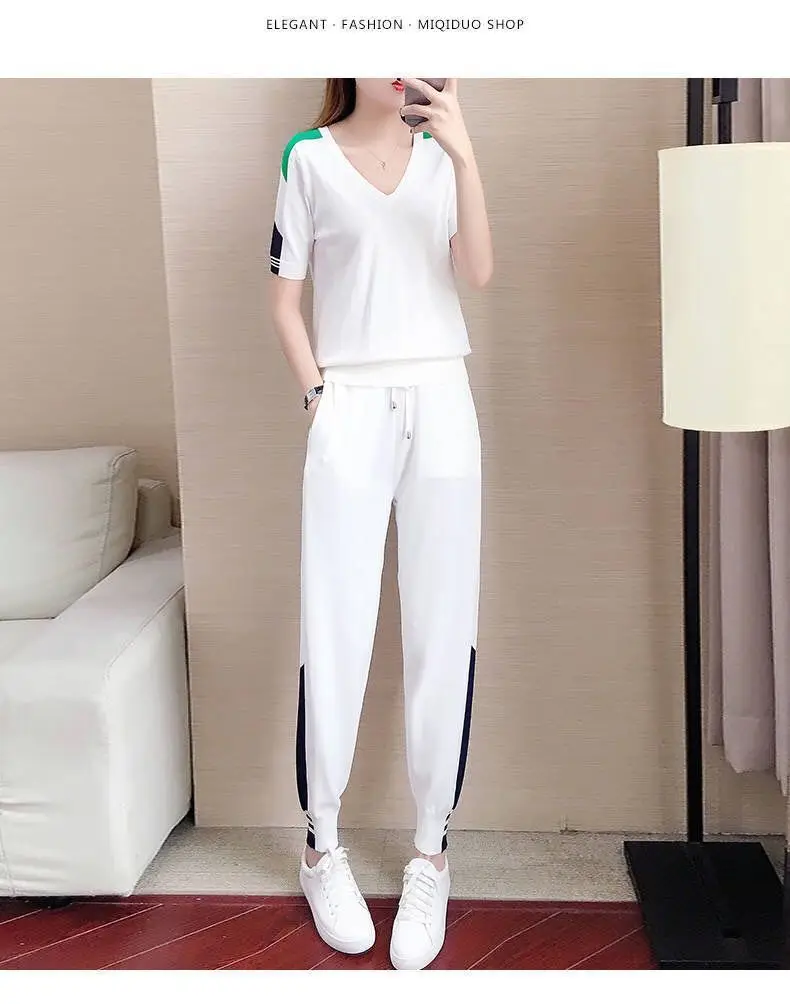 Women's 2-Piece Sports Suit Black Green V-Neck Ankle Pants — feature 18