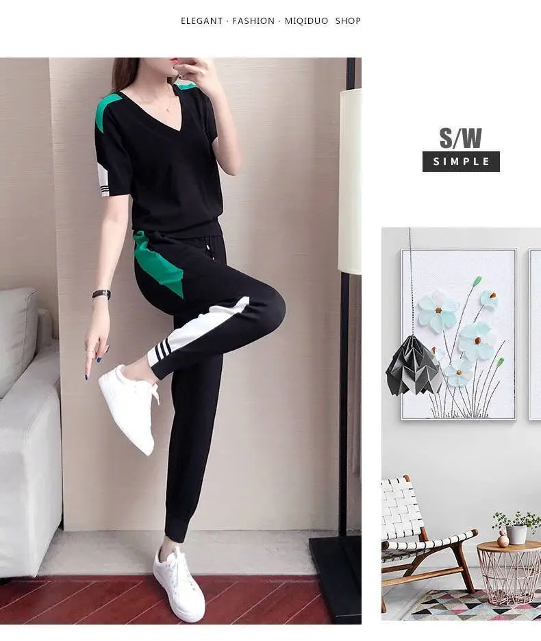 Women's 2-Piece Sports Suit Black Green V-Neck Ankle Pants — feature 9