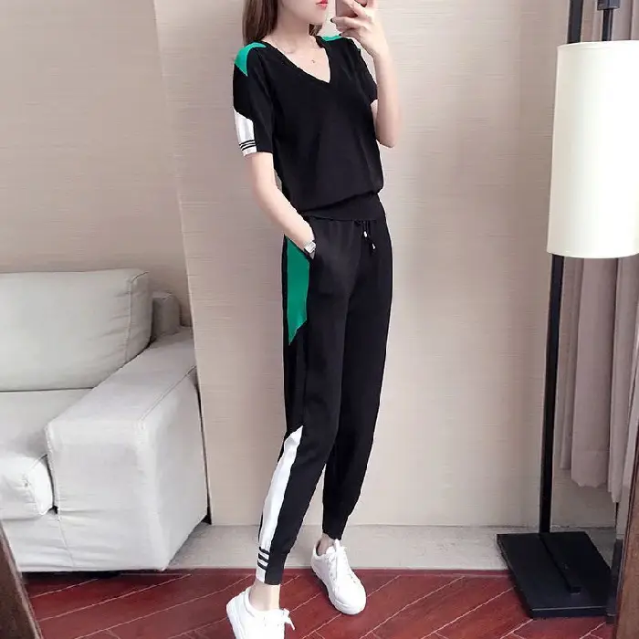 Women's 2-Piece Sports Suit Black Green V-Neck Ankle Pants - Image 2