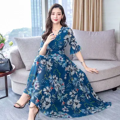 142 Plus Size Floral Long Skirt Dress Blue - Image 5