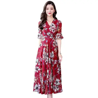 142 Plus Size Floral Long Skirt Dress Blue - Image 6