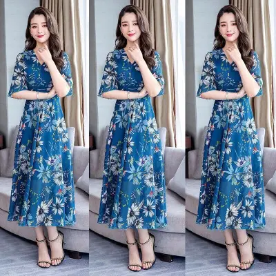 142 Plus Size Floral Long Skirt Dress Blue — feature 1