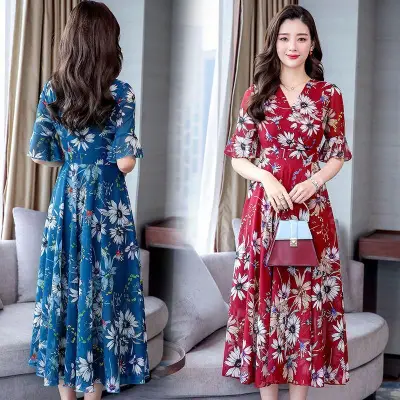 142 Plus Size Floral Long Skirt Dress Blue — feature 2
