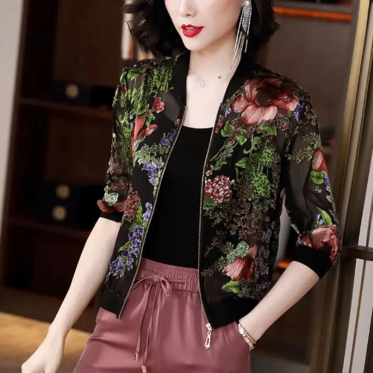 Women Korean-style Chiffon Jacket Red White Zipper Long Sleeve