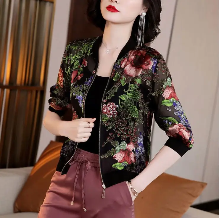 Women Korean-style Chiffon Jacket Red White Zipper Long Sleeve