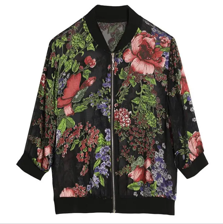 Women Korean-style Chiffon Jacket Red White Zipper Long Sleeve