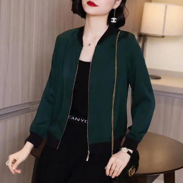 Women Korean-style Chiffon Jacket Red White Zipper Long Sleeve