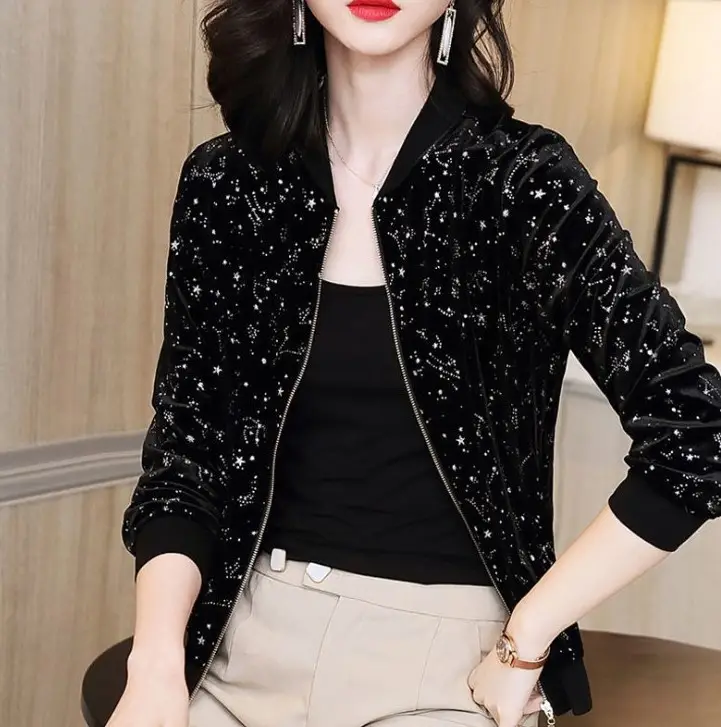 Women Korean-style Chiffon Jacket Red White Zipper Long Sleeve