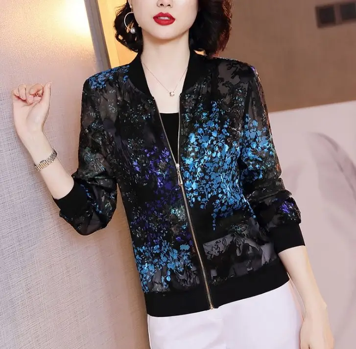 Women Korean-style Chiffon Jacket Red White Zipper Long Sleeve