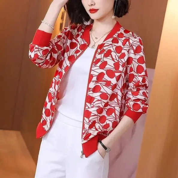 Women Korean-style Chiffon Jacket Red White Zipper Long Sleeve