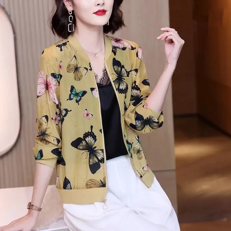 Women Korean-style Chiffon Jacket Red White Zipper Long Sleeve