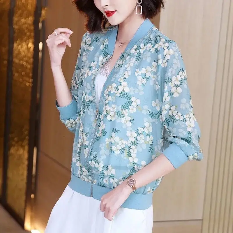 Women Korean-style Chiffon Jacket Red White Zipper Long Sleeve