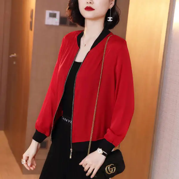 Women Korean-style Chiffon Jacket Red White Zipper Long Sleeve