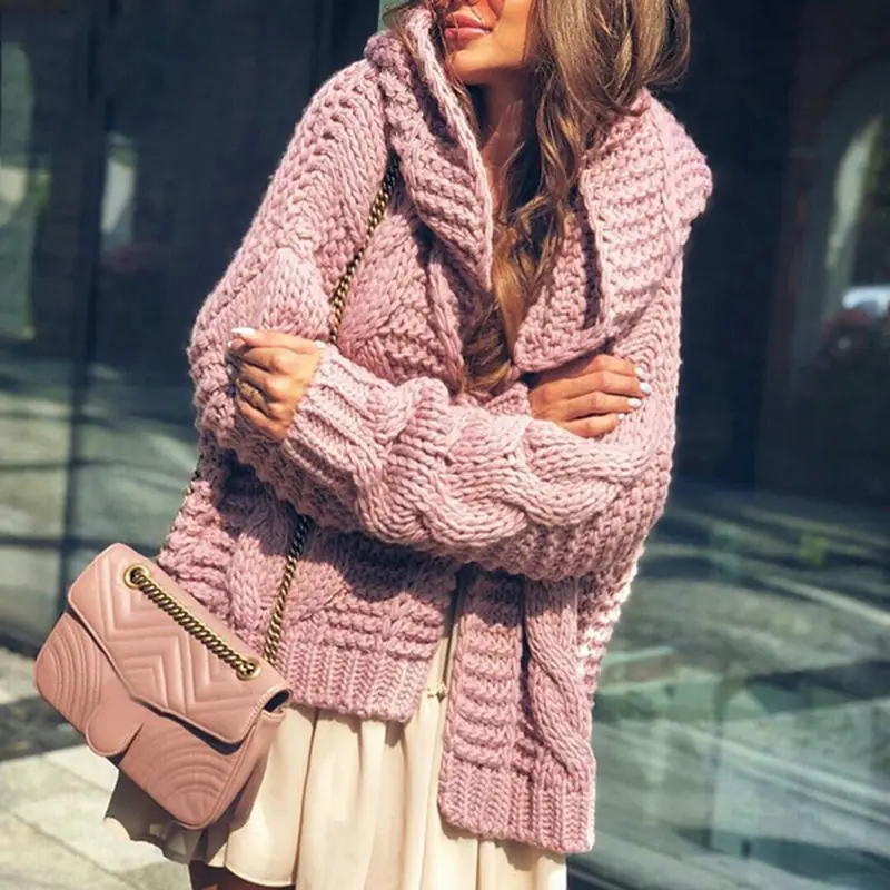 Women's Knitted Cardigan Hoodie Pink 2025 Winter - Image 8