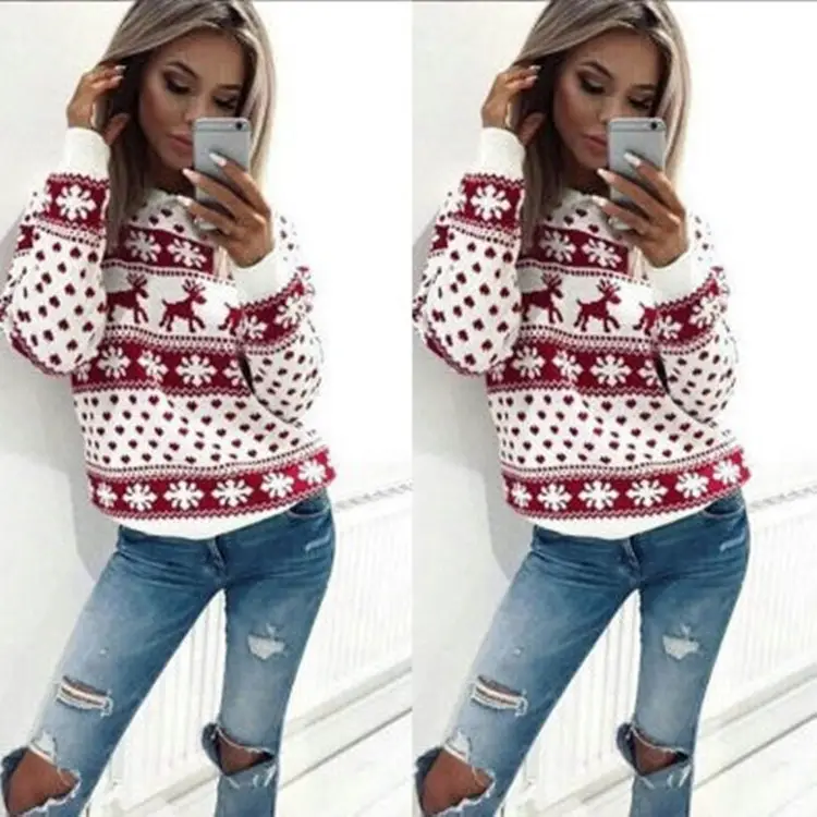 2019 Winter Deer Print Pullover Sweater Red White - Image 3