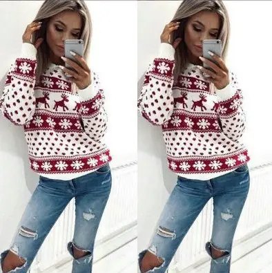 2019 Winter Deer Print Pullover Sweater Red White - Image 4
