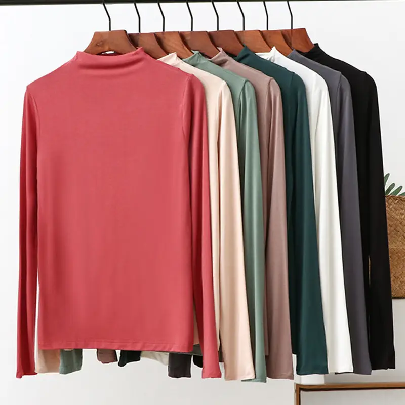 Women Half-High Collar Long Sleeve T-Shirt Beige 2021 - Image 12