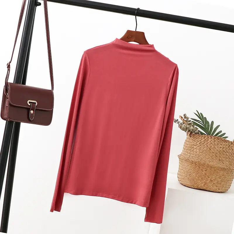 Women Half-High Collar Long Sleeve T-Shirt Beige 2021 - Image 13