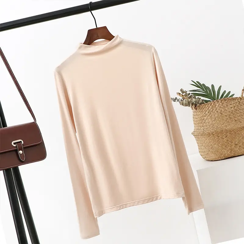 Women Half-High Collar Long Sleeve T-Shirt Beige 2021 - Image 15