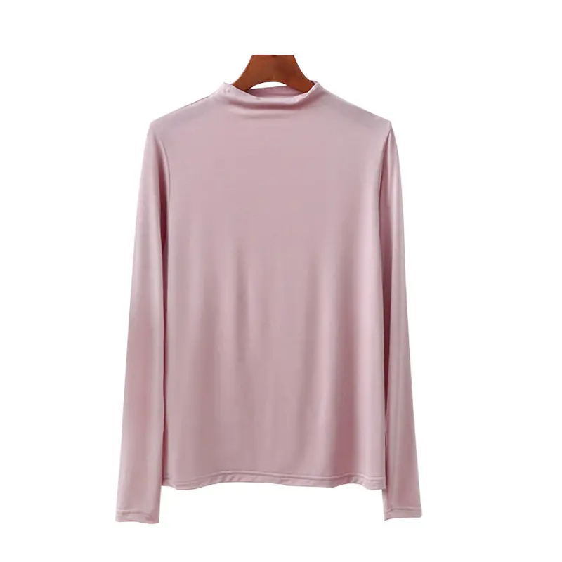 Women Half-High Collar Long Sleeve T-Shirt Beige 2021 - Image 16