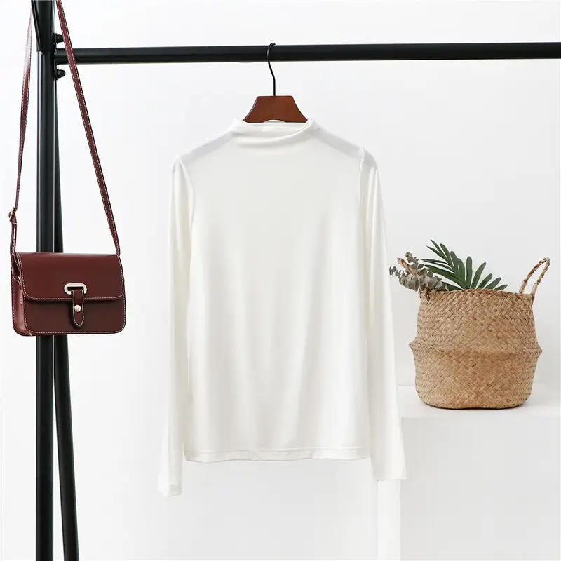 Women Half-High Collar Long Sleeve T-Shirt Beige 2021 - Image 3