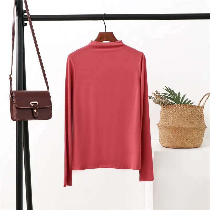 Women Half-High Collar Long Sleeve T-Shirt Beige 2021 - Image 7