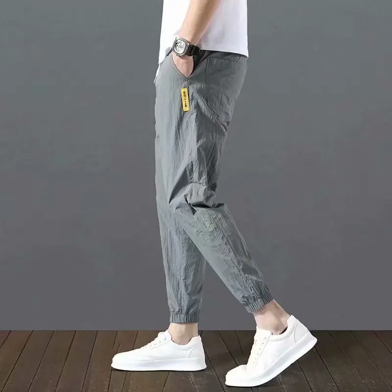 Men Grey Ice Silk Jogger Pants Large Casual Sports Wear - Image 6