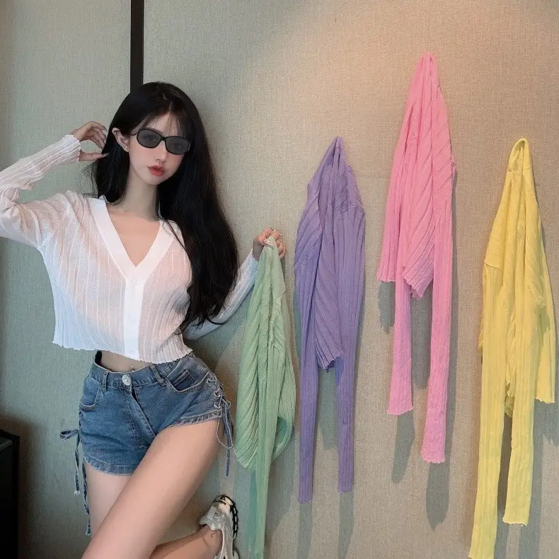 Women V-Neck Long Sleeve Ice Silk Knit Sweater - Image 7