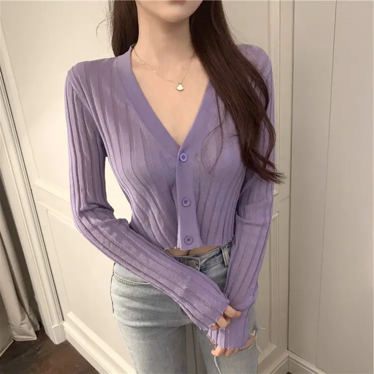 Women V-Neck Long Sleeve Ice Silk Knit Sweater - Image 4