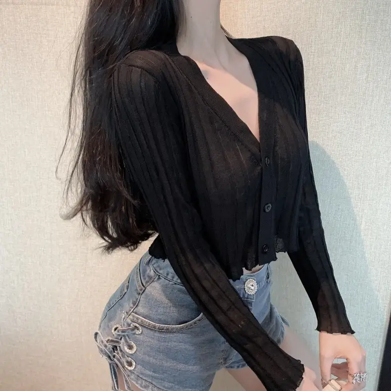 Women V-Neck Long Sleeve Ice Silk Knit Sweater - Image 6