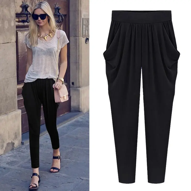 Plus Size Cropped Pants Women Black Slimming Loose - Image 4