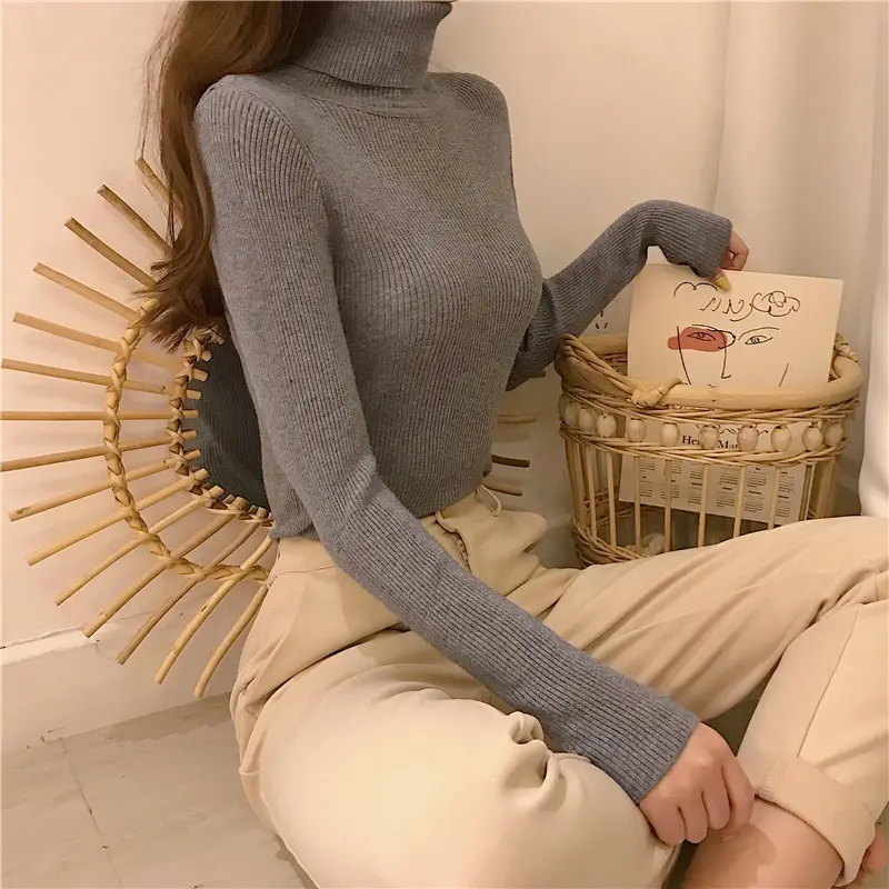 Women Pink Knit High Neck Long Sleeve Top — feature 35