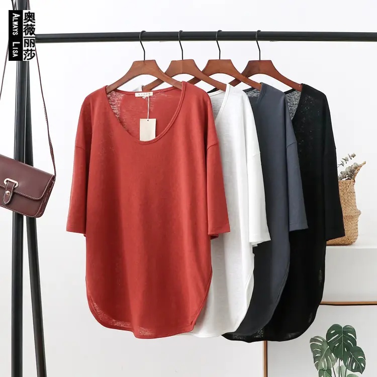 Korean Style Women's T-Shirt Red Large Cotton Linen