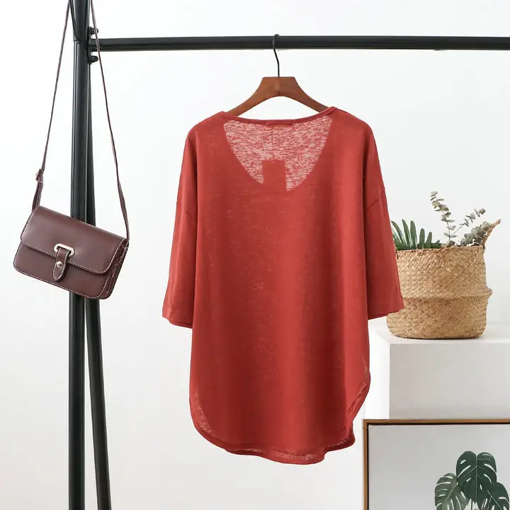 Korean Style Women's T-Shirt Red Large Cotton Linen