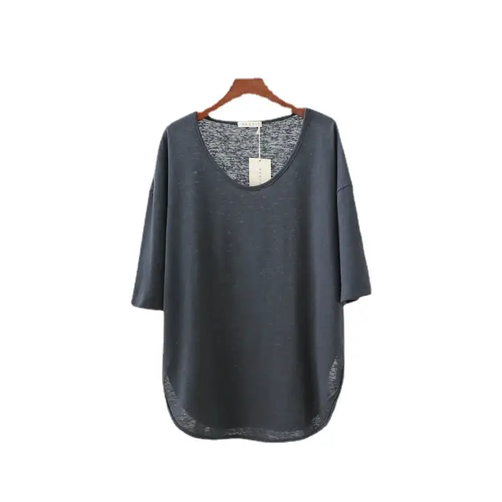 Korean Style Women's T-Shirt Red Large Cotton Linen