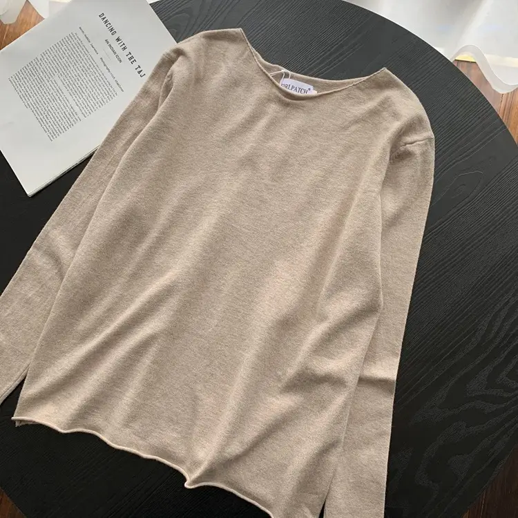 Women Long Sleeve Knit T-Shirt Solid Color Rolled Collar - Image 2