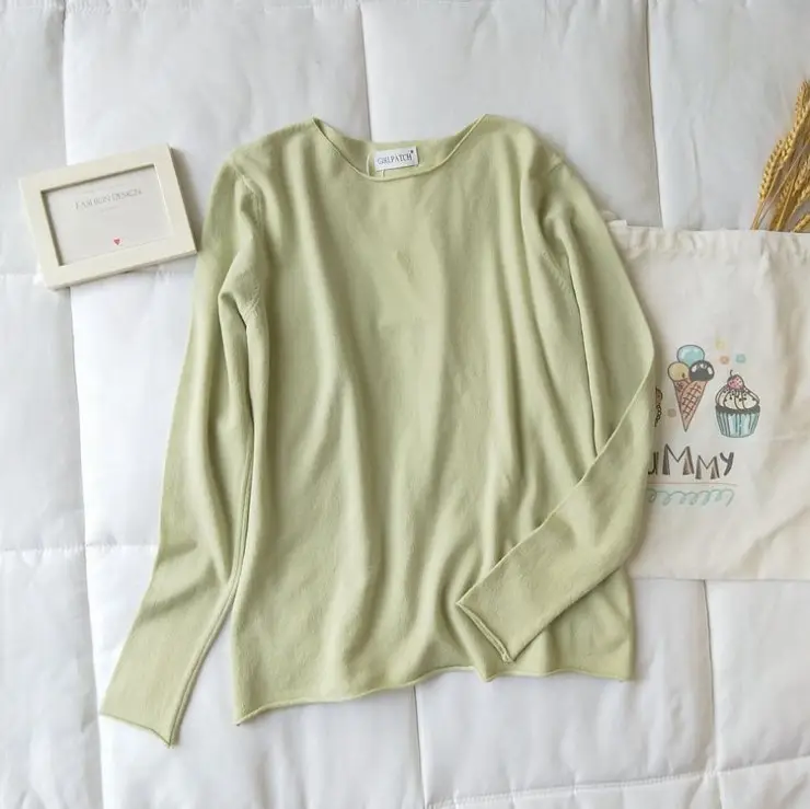 Women Long Sleeve Knit T-Shirt Solid Color Rolled Collar - Image 5