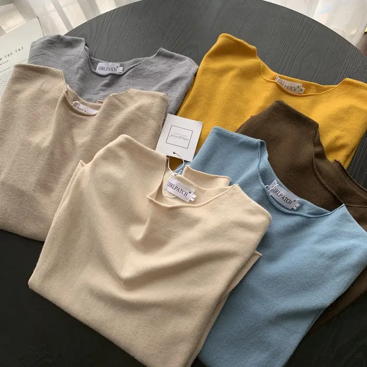 Women Long Sleeve Knit T-Shirt Solid Color Rolled Collar - Image 6