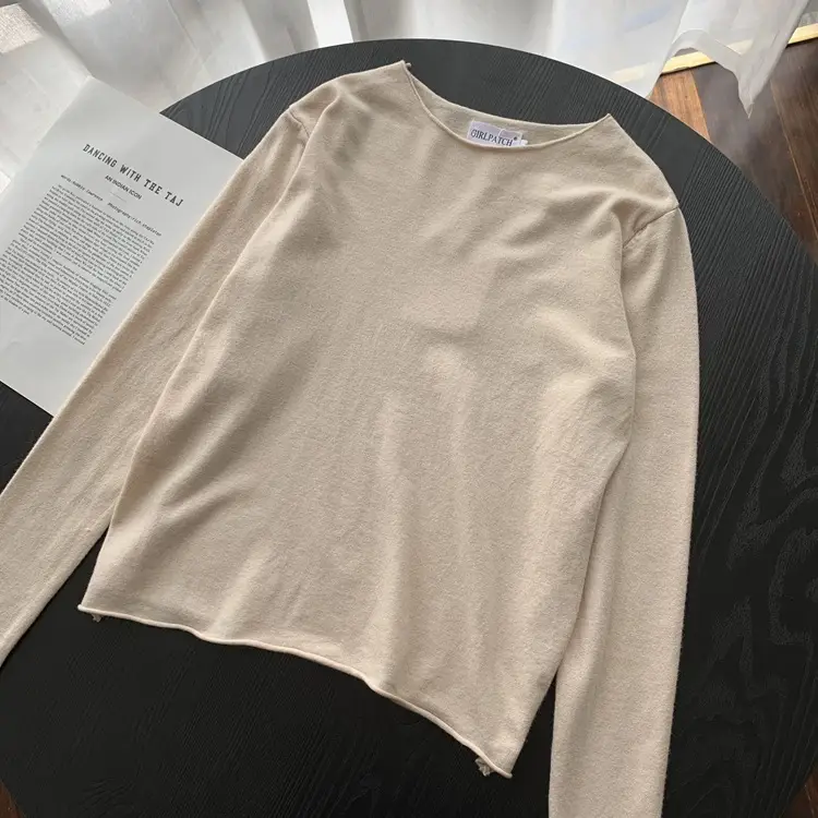 Women Long Sleeve Knit T-Shirt Solid Color Rolled Collar - Image 7