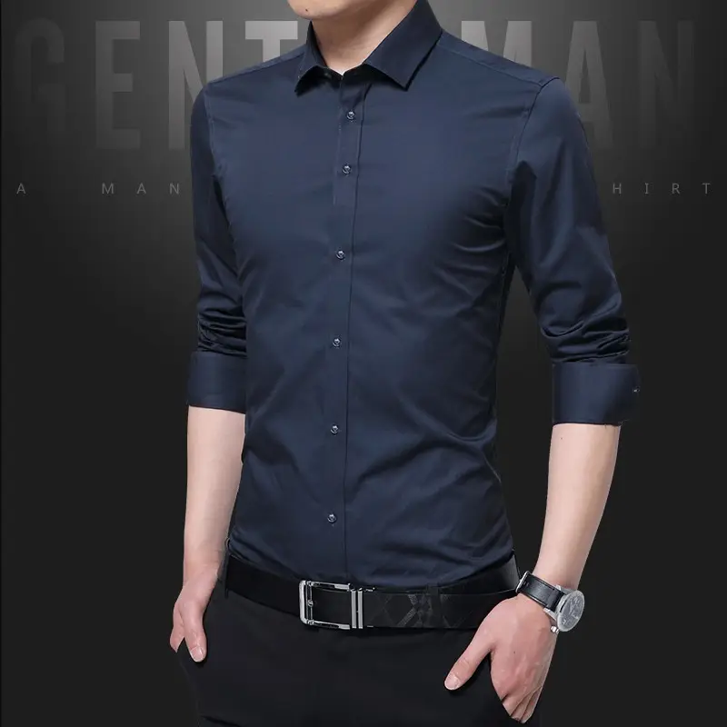 Men Slim Fit Business Shirt Navy Blue Long Sleeve - Image 10