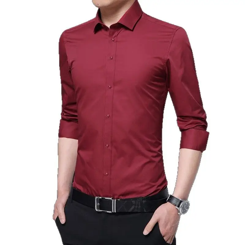 Men Slim Fit Business Shirt Navy Blue Long Sleeve - Image 11