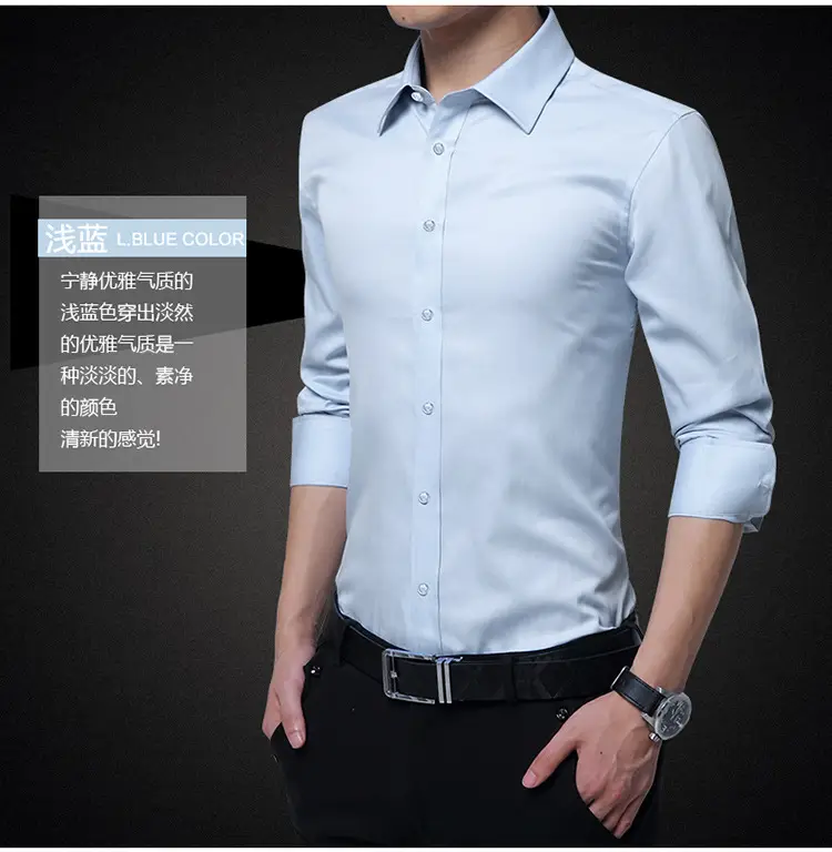 Men Slim Fit Business Shirt Navy Blue Long Sleeve — feature 12