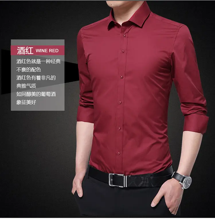 Men Slim Fit Business Shirt Navy Blue Long Sleeve — feature 13