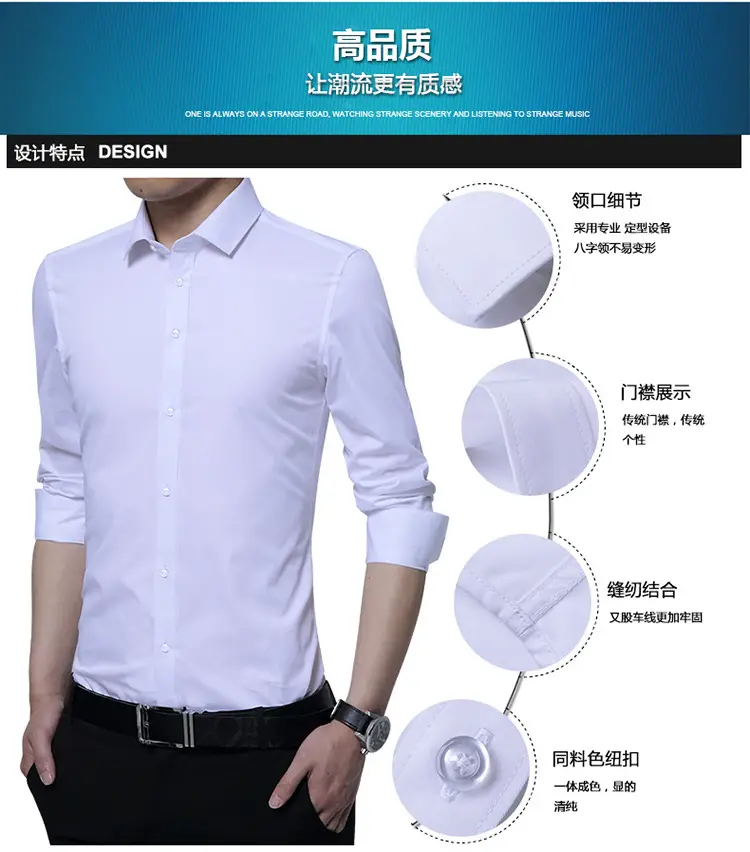 Men Slim Fit Business Shirt Navy Blue Long Sleeve — feature 4